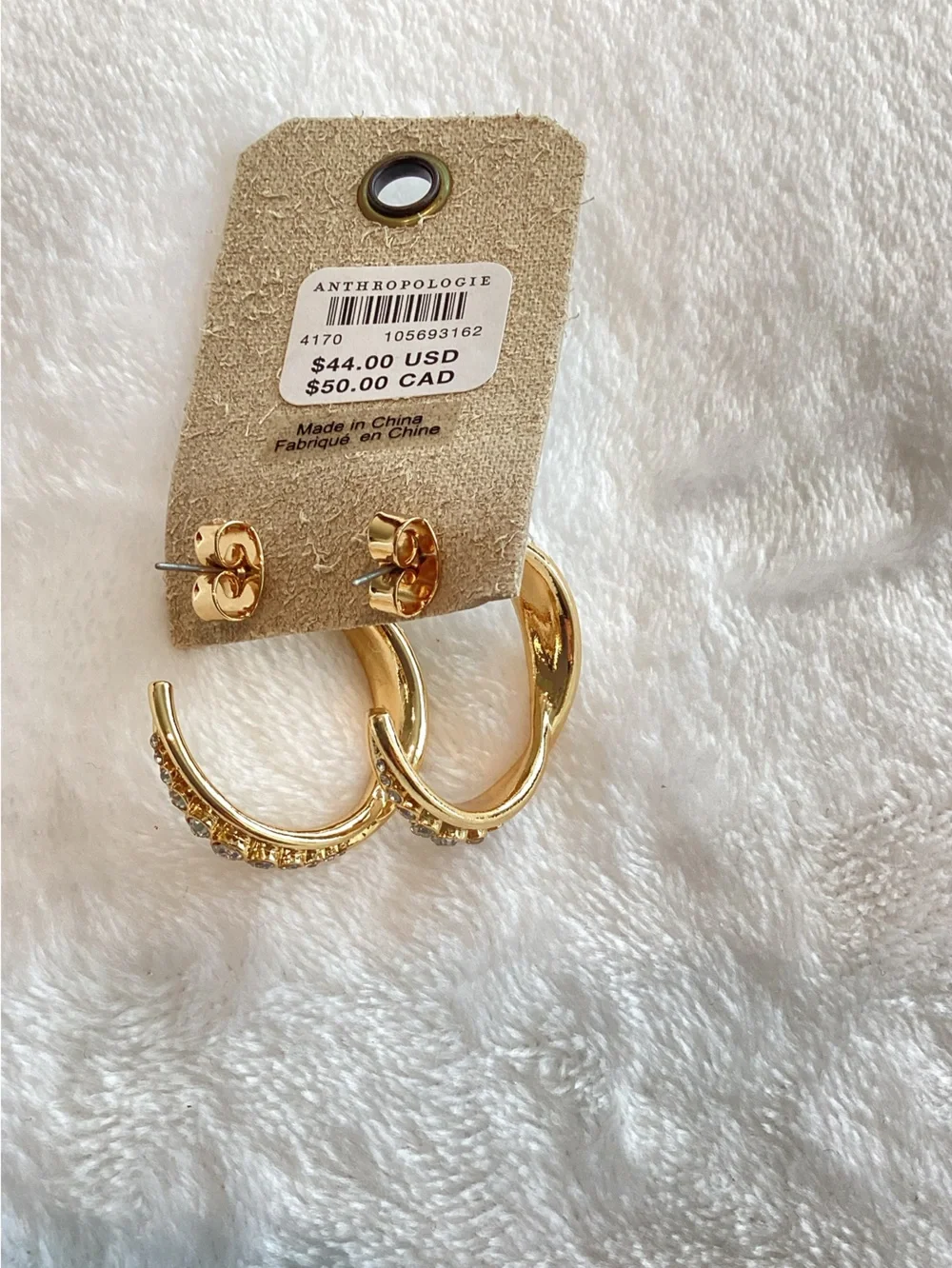 Anthropologie Gold Plated Crystal Column Twist Hoop Earrings New